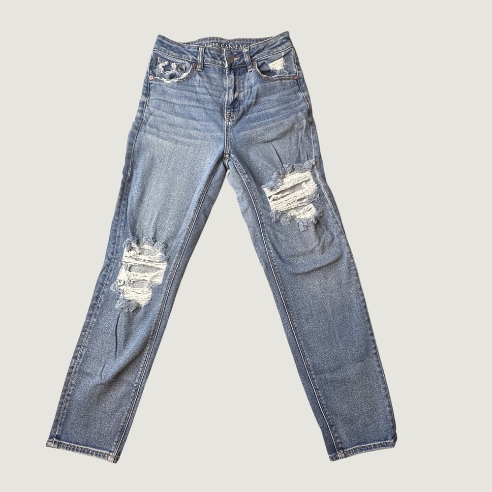 American Eagle Jeans Womens 0 Blue Mom Straight Distressed Ripped Stretch Denim